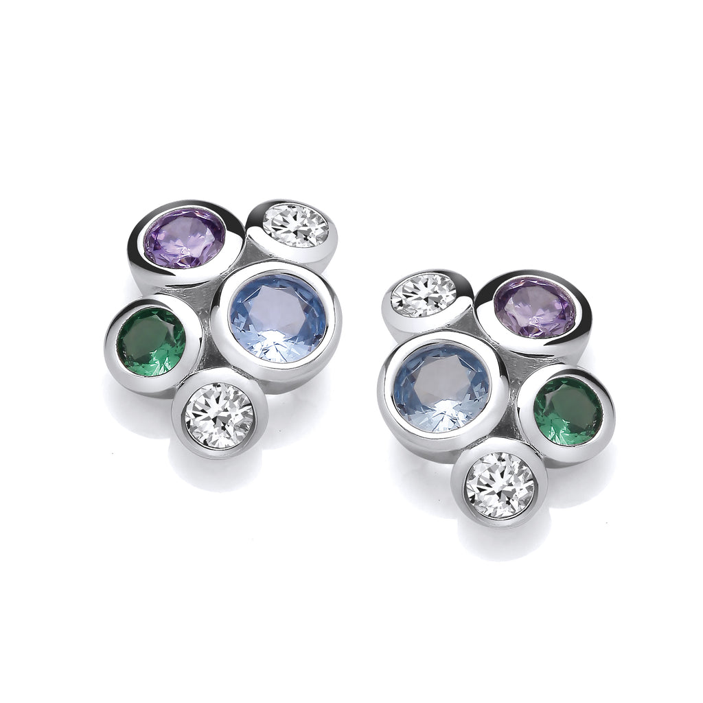 Pair of earrings with multicolored gemstones on a white background