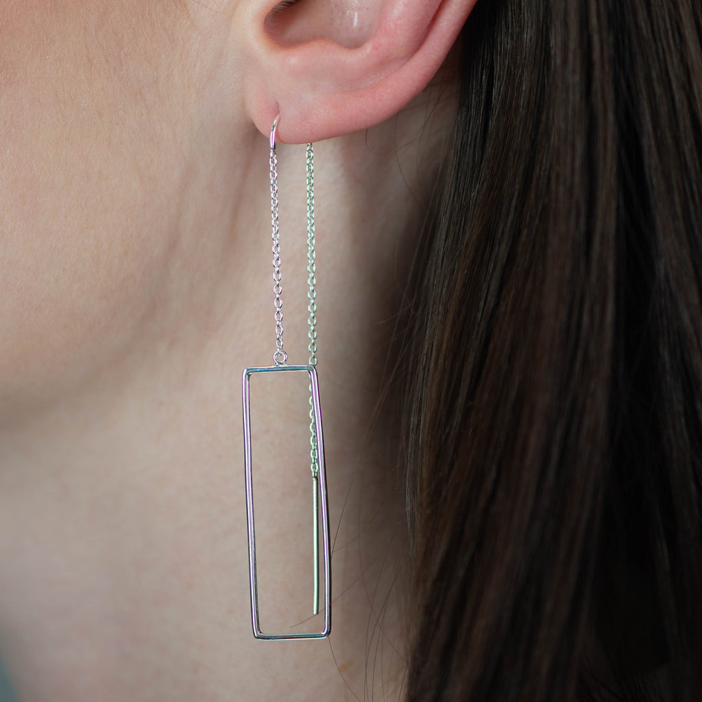 Sterling Silver Chain Rectangle Hoop Drop Earrings On Model Being Worn