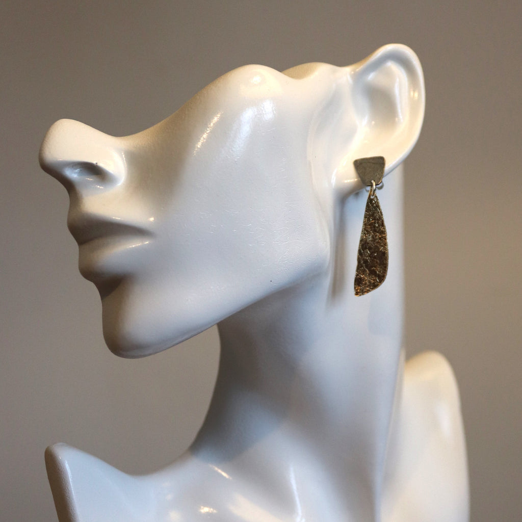 Aztec Blade Two Tone Silver Drop Earrings on model